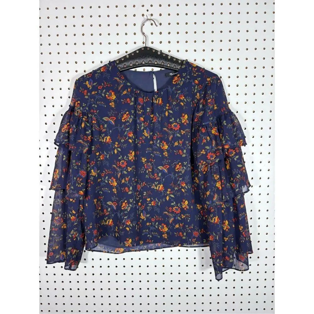 Madewell Blue Floral Ruffle Sleeve Climbing Vine Blouse Size S